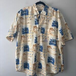 Royal Palm Fishing Graphic Hawaiian Short Sleeve Button Down‎ Shirt Size XL